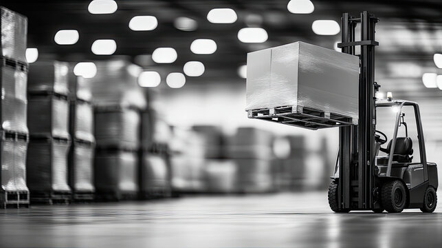 Efficient black and white forklift lifting heavy pallet in warehouse. scene captures industrial atmosphere with blurred background details
