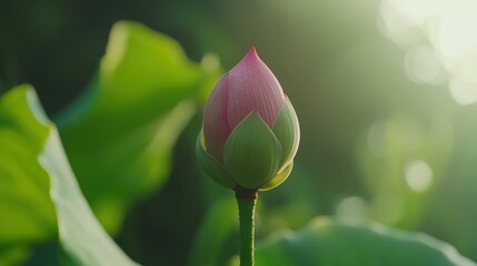 A single pink lotus bud with green leaves in the background, bathed in soft sunlight.