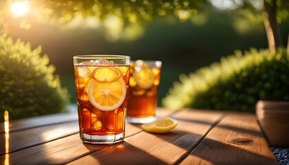 A refreshing glass of iced tea with lemon slices sits on a wooden outdoor table