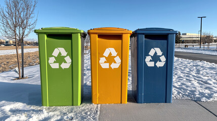 Colorful recycling bins labeled for paper, plastic, and metal are lined up in snowy outdoor setting, promoting environmental awareness and sustainability