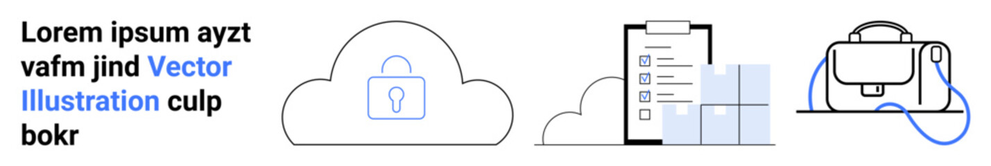 Cloud with lock icon, document checklist with bar chart, VR headset. Ideal for technology, security, digital management, data protection, virtual reality, IT services, educational technology. Landing