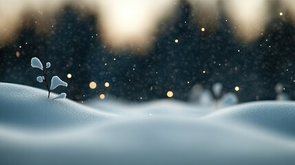 serene winter landscape featuring soft snow, delicate plants, and gentle snowfall. scene evokes peaceful and magical atmosphere, perfect for winter lovers