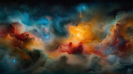 Fototapeta premium vibrant cosmic landscape filled with swirling clouds of color, showcasing shades of blue, orange, and red against starry backdrop. scene evokes sense of wonder and mystery