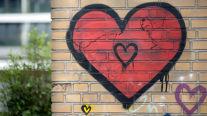 Brick wall with painted hearts in graffiti style.	