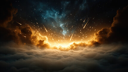 Obraz premium stunning cosmic scene depicting vibrant explosion of light and energy amidst dark clouds and starry sky, evoking sense of wonder and awe