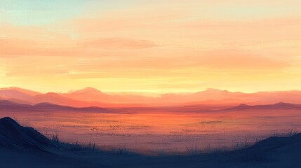 Serene sunset over a desert horizon, with soft colors and an endless sandy view stretching far.