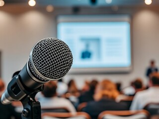 Microphone in concert hall or conference room soft and blur style for background. Microphone over the Abstract blurred photo of conference hall or seminar room background.