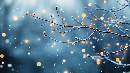 serene winter scene featuring snow covered branches adorned with glowing lights, creating magical atmosphere amidst falling snowflakes