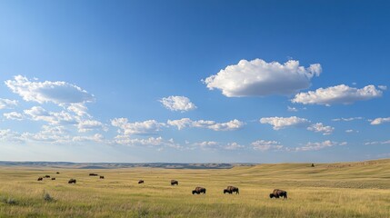 Obraz premium Bison Grazing Under a Blue Sky