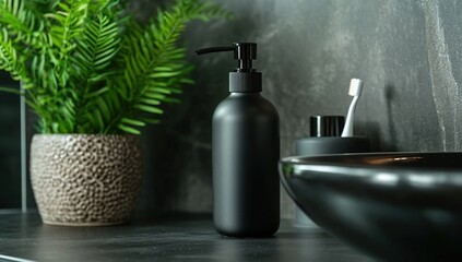 Black pump bottle of soap with a toothbrush on the counter next to a sink in a modern bathroom.