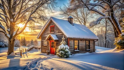 A Snow-Covered Cottage Bathed in the Warm Glow of Sunset, Trees Stand Tall Around it, Their Branches Laden with Fresh Snow, Creating a Picturesque Winter Wonderland