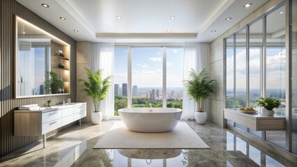 Fototapeta premium Elegant White Hotel Bathroom Interior Featuring a Luxurious Tub and Shower with Natural Light from a Window and a Stylish Mockup Wall for Modern Interior Design Inspiration