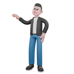 Cartoon Musician in 3D.  A male musician standing right hand on waist and left hand extended to the side with happy expression. Cartoon Performer