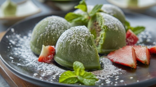 Green moci served with fruit and a beautiful plate