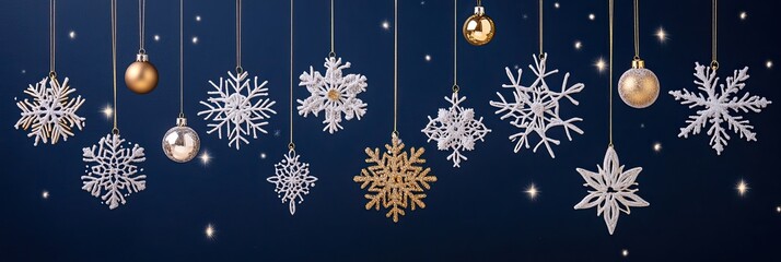 A blue background with a row of snowflakes hanging from the ceiling