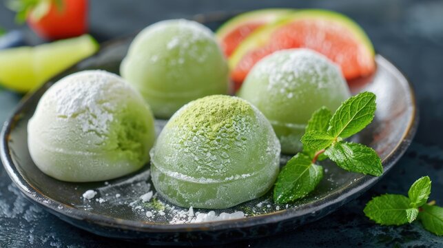 Green moci served with fruit and a beautiful plate