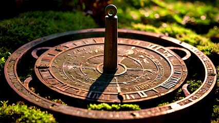 A weathered sundial sits on a bed of green moss, its gnomon casting a shadow across the face.