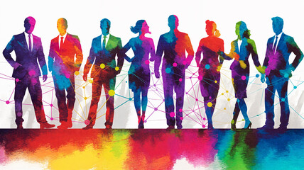 Obraz premium Vibrant Team Silhouettes Unity Diversity Connection Multicolored Network People Collaboration Abstract Togetherness