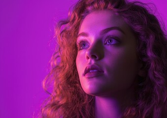 Fototapeta premium Beautiful curly-haired woman posing in a studio against a dark purple background. This portrait uses professional gradients, soft shadows, and minimal contrast. 