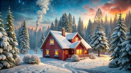 Fototapeta premium A Cozy Cabin Nestled in a Snowy Forest, Bathed in the Golden Glow of a Winter Sunset, Smoke Curling from the Chimney, Inviting Warmth and Tranquility