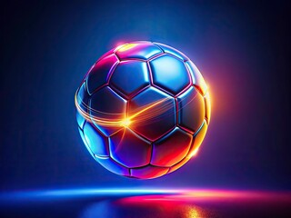 Fototapeta premium Glowing Neon Soccer Ball Abstract Art in Deep Blue Background - Vibrant Sports Imagery
