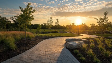 Wheelchair-accessible park pathways with a sunset view, providing a peaceful and inclusive environment.