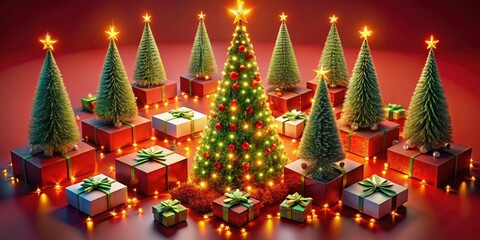 Fototapeta premium Illuminated Christmas Trees with Wrapped Presents on Red Background - Festive Holiday Scene for Stock Photography