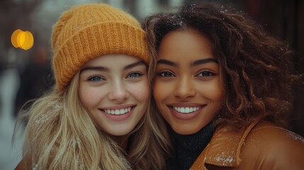 Two young women, one with blonde hair and a yellow beanie, the other with curly brown hair, smile at the camera while standing close together in the snow.