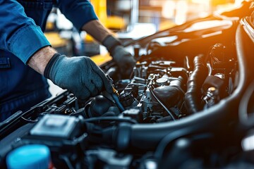 A mechanic working on an engine. This image is ideal for illustrating car maintenance, repair, and automotive industry concepts.