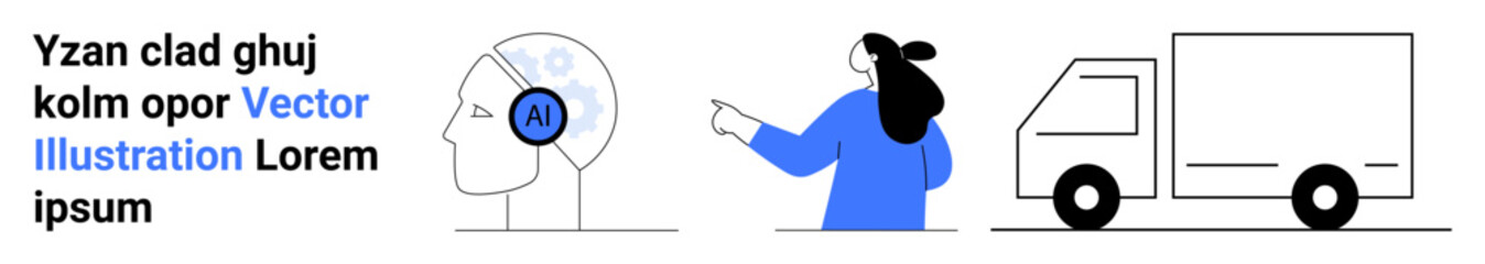 AI in human brain, animated businesswoman pointing, delivery truck. Ideal for tech innovation, AI, logistics, business presentations, smart solutions, transportation services, educational materials