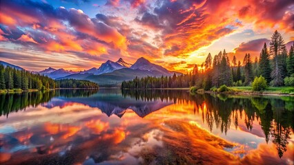 Serene Reflection of a Fiery Sunset Over Majestic Mountain Peaks and a Tranquil Forest Bordering a Still Lake