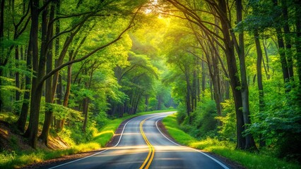 Obraz premium A winding road through a lush canopy of trees bathed in the golden glow of sunlight, with dappled shadows and verdant foliage creating a tranquil and enchanting scene.