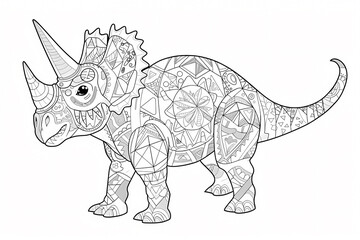 Fototapeta premium Intricately designed triceratops illustration featuring a variety of geometric patterns, ideal for coloring and creative expression.