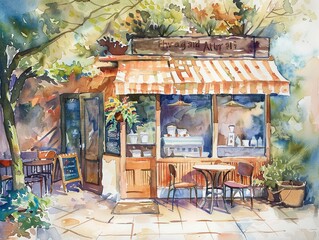 Obraz premium Watercolor scene of a quaint inviting Christian coffee shop where community gathers
