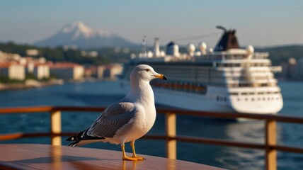 Obraz premium A seagull perches on the railing of a cruise ship. Seagulls, with their sleek feathers and sharp beaks, stand as a symbol of freedom and the open sea.