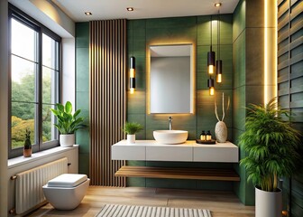 Fototapeta premium Modern Bathroom Interior with Closeup Water Heater, Stylish Mirror, and Elegant Washbasin Sink - Contemporary Design, Home Decor, Bathroom Features, Luxury Amenities
