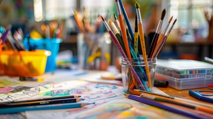 Colorful paint brushes in a jar for art class, adding creativity to the classroom desk. Young students explore imagination with vibrant hues and different sizes