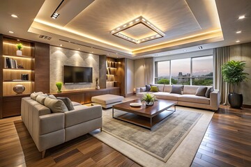 Fototapeta premium Modern Recessed Interior LED Lighting in Contemporary Home Design for Energy Efficiency and Aesthetic Appeal