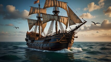 a sailing ship, its weathered wooden hull and intricate carvings bathed in the warm light of the setting sun. The sails flapping in the wind add a sense of movement and dynamism to the scene.