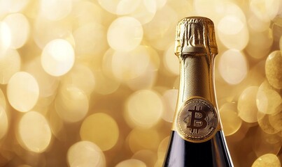 the top of a champagne bottle with a Bitcoin symbol on the foil, against a blurred golden bokeh background, giving a festive and luxurious appearance.