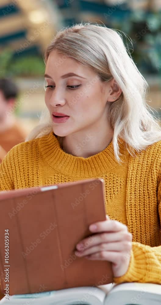 Poster woman, tablet and proposal with research, brainstorming and conversation for group project in office