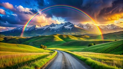 Obraz premium A winding road leading towards a majestic mountain range, adorned with a vibrant rainbow stretching across the horizon, as clouds drift by casting shadows on the lush green meadows below.