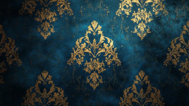 Fototapeta Ornate Golden Floral Pattern on Deep Teal Fabric