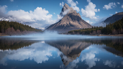 A serene lake reflects snow-capped mountains and pine trees under a cloudy sky, creating a tranquil and picturesque landscape.