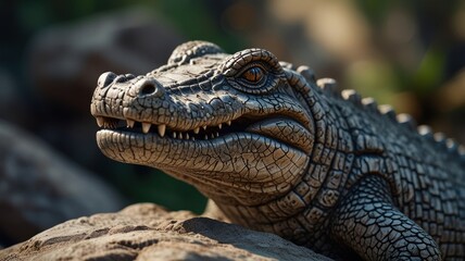 a stone sculpture of a crocodile. The sculpture's intricate details, including the textured skin, sharp teeth, and piercing eyes, create a sense of realism and danger.