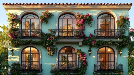 Fototapeta premium Charming Mediterranean Villa with Bougainvillea-Covered Balconies and Arched Windows