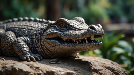 Fototapeta premium a stone sculpture of a crocodile. The sculpture's intricate details, including the textured skin, sharp teeth, and piercing eyes, create a sense of realism and danger.