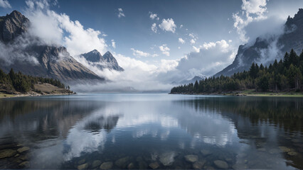 A serene lake reflects snow-capped mountains and pine trees under a cloudy sky, creating a tranquil and picturesque landscape.
