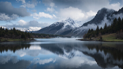Fototapeta premium A serene lake reflects snow-capped mountains and pine trees under a cloudy sky, creating a tranquil and picturesque landscape.