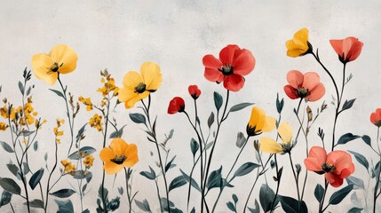 Watercolor Painting of Yellow and Red Flowers on a Light Grey Background